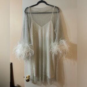 Rhinestone Mesh Long Sleeve Mini Feather Dress With Slip dress